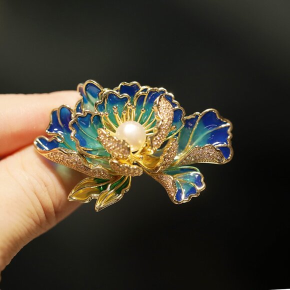 Luxury Blue Enamel Peony Flower Brooch Pin - Picture 2 of 4